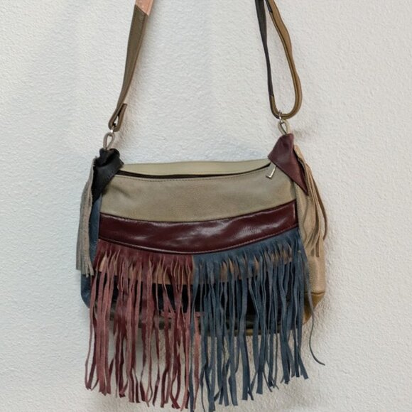 Block Fringe Genuine Leather Boho Crossbody Sling Bag - Brown and Gray Color - Picture 2 of 9